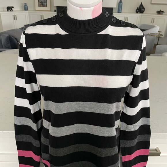 Karl Lagerfeld LS Striped Ribbed Mock Turtleneck Sweater Blk Wht Gry Pink Sz S - Picture 3 of 11